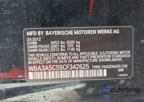 2012 BMW 328I из США, поврежденный, VIN WBA3A5C59CF342625